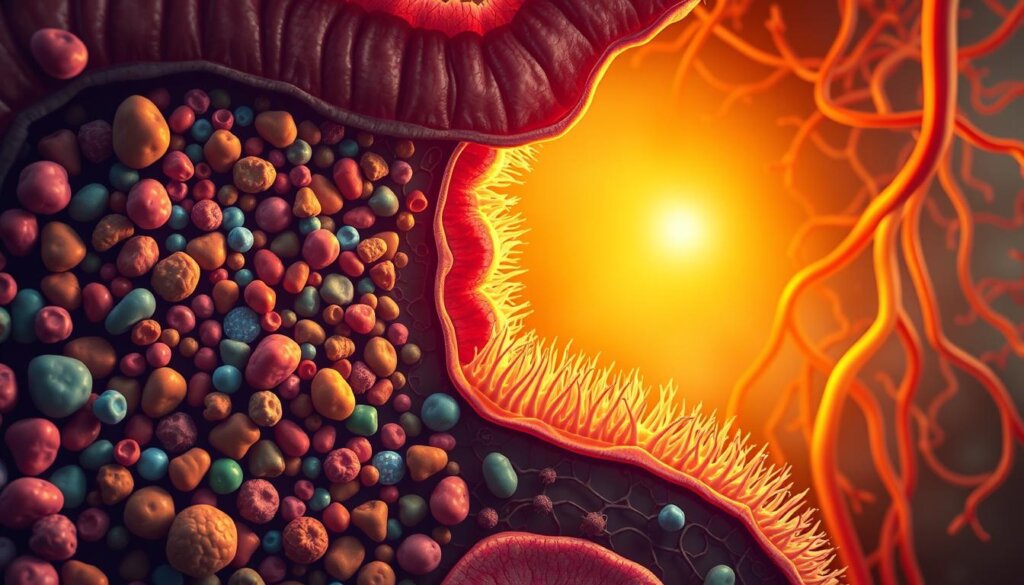 A detailed, cross-sectional illustration of the human gut microbiome, showcasing the intricate process of nutrient absorption. In the foreground, an array of diverse gut bacteria, their shapes and colors conveying their unique roles. In the middle ground, delicate intestinal villi, their finger-like projections amplifying the surface area for efficient nutrient uptake. In the background, a network of blood vessels carrying the absorbed nutrients throughout the body, bathed in a warm, golden light that radiates a sense of vitality and balance. The overall scene exudes a harmonious, scientific elegance, capturing the intricate symphony of the gut microbiome's contribution to whole-body wellness.
