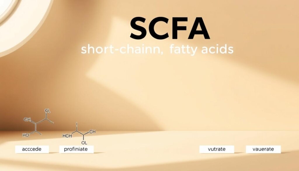 A detailed diagram of short-chain fatty acids (SCFAs) in a clean, scientific style. The foreground depicts the chemical structures of the four main SCFAs - acetate, propionate, butyrate, and valerate - arranged in a clear, labeled layout. The middle ground shows a simplified visual representation of how SCFAs are produced by gut microbiome fermentation of dietary fiber. The background features a soft, muted gradient in soothing earth tones, conveying a sense of natural balance and wellness. Crisp lighting from the top left casts subtle shadows, enhancing the three-dimensional feel. The overall mood is informative, elegant, and conducive to understanding the impact of SCFAs on inflammation and metabolic health.