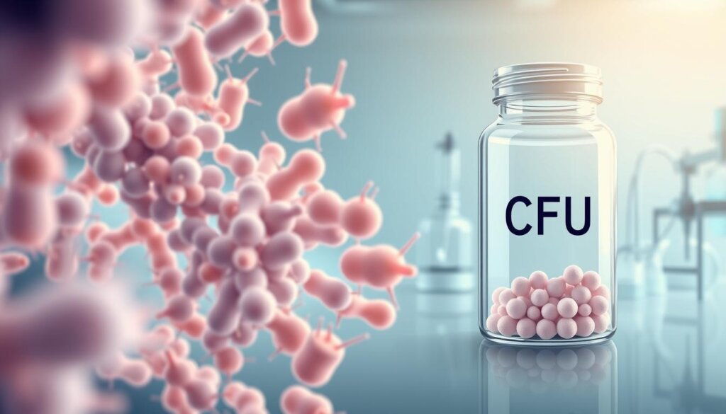 A detailed illustration showcasing the concept of colony-forming units (CFUs) in probiotics. In the foreground, a microscopic view of bacterial colonies, with distinct, well-defined clusters of cells. In the middle ground, a transparent glass container filled with a probiotic supplement, the CFU count prominently displayed. The background features a clean, clinical laboratory setting, with scientific equipment and a subtle blue-gray color scheme, conveying a sense of precision and expertise. The lighting is soft and diffused, highlighting the intricate structure of the bacterial colonies and the clarity of the supplement container. The overall composition emphasizes the scientific understanding and quantification of probiotic potency, aligning with the article's focus on the "Science Behind Probiotic Dosage".