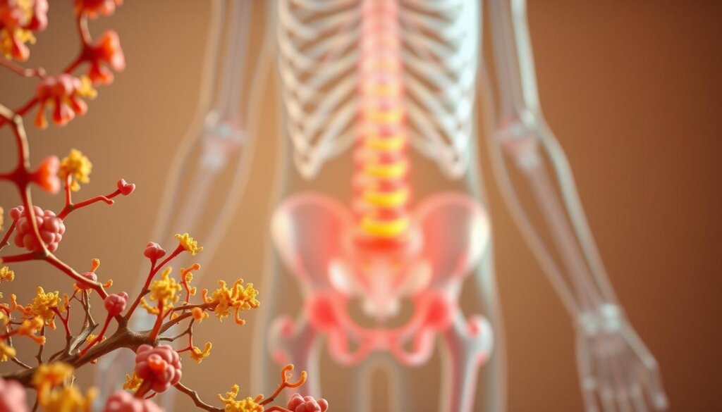 A detailed illustration showcasing the intricate relationship between the gut microbiome and arthritis. In the foreground, vibrant and diverse gut flora represent the delicate microbial ecosystem, connected to the human skeletal system highlighted in the middle ground. Subtle inflammatory indicators, such as redness and swelling, are visible around the joints, demonstrating the influence of gut health on arthritic conditions. The background features a soft, muted color palette, emphasizing the underlying physiological processes at play. Crisp, high-resolution imaging with warm, natural lighting captures the complexity of this mind-gut-body connection in a visually striking manner.