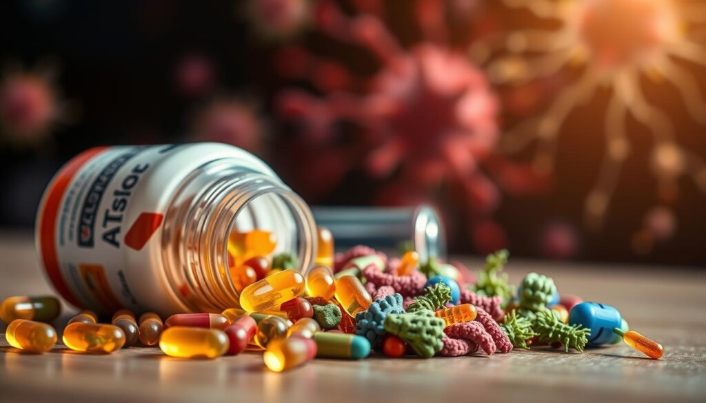 A detailed macro shot of various probiotic supplements and healthy gut bacteria, set against a softly blurred background of human immune cells and lymph nodes. The probiotic capsules are displayed prominently in the foreground, their contents spilling out to reveal vibrant, colorful microorganisms. The middle ground showcases magnified views of beneficial gut flora, while the background features a subtle network of immune system components, conveying the interconnected relationship between probiotics and overall health. The lighting is warm and natural, with a shallow depth of field to focus the viewer's attention on the key elements. The overall mood is one of harmony, vitality and the powerful synergy between gut microbiome and immune function.