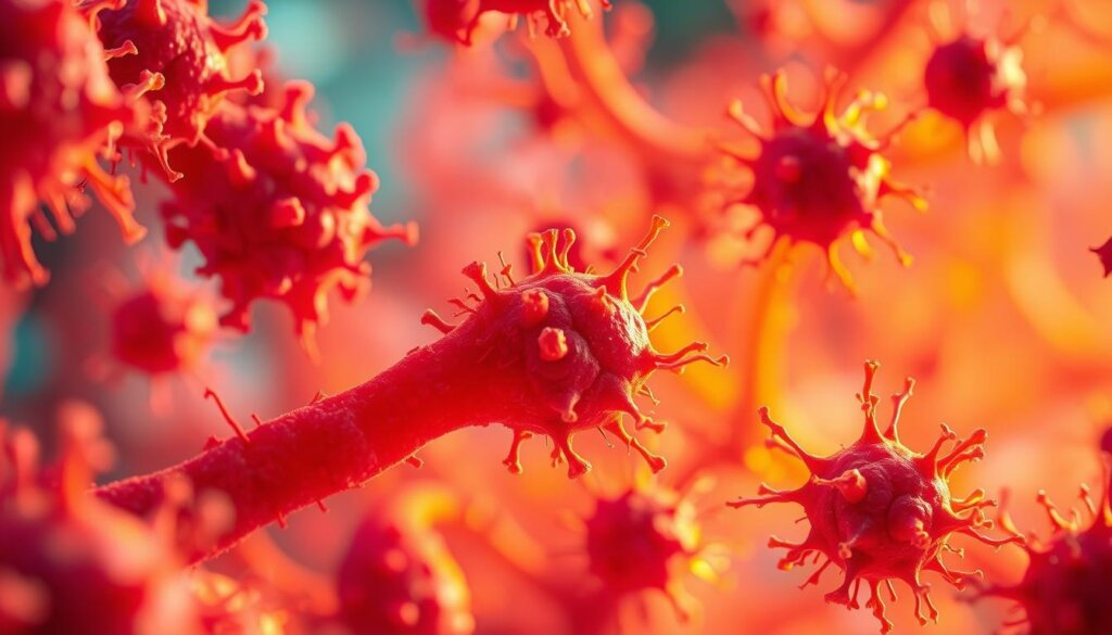 A detailed microscopic view of probiotic cells binding to and neutralizing harmful toxins within a complex cellular environment. Vibrant colors and intricate textures depict the dynamic interplay between beneficial bacteria and toxic compounds. The foreground showcases the probiotics' complex surface structures interfacing with target toxins, while the middle ground reveals a network of cellular structures and organelles. The background features a softly blurred, ethereal backdrop suggesting the systemic integration of this detoxification process. Dramatic studio lighting casts dramatic shadows, emphasizing the clinical precision and scientific significance of this process. Captured with a high-resolution macro lens to highlight the remarkable cellular-level details.