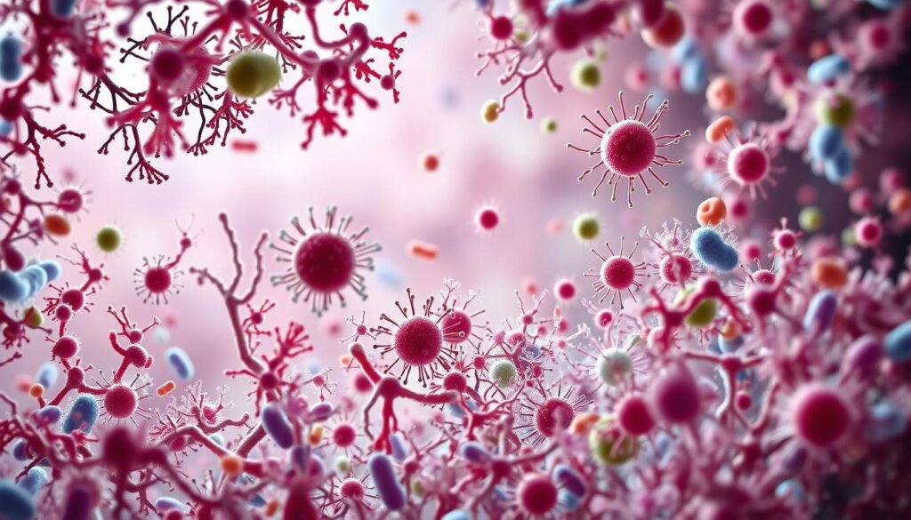 A detailed microscopic view of the human gut microbiome, showcasing a diverse ecosystem of beneficial bacteria, viruses, and fungi. The foreground depicts various probiotic strains such as Lactobacillus and Bifidobacterium, their cell structures and colonies highlighted with vibrant colors. In the middle ground, immune cells like lymphocytes and macrophages interact with the microbial community, illustrating the symbiotic relationship between the gut microbiome and the body's defense mechanisms. The background features a soft, blurred effect, highlighting the intricate complexity of this intricate system. The lighting is soft and diffused, creating a serene, informative atmosphere that emphasizes the importance of gut microbiota in supporting overall health and immunity.