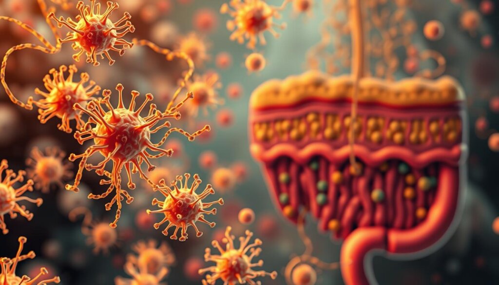 A detailed molecular-level visualization of probiotic microbes and their mechanisms for promoting human health. In the foreground, vibrant bacterial cells with intricate cell wall structures and flagella swimming amidst a network of proteins and enzymes. In the middle ground, a cross-section of the gut lining, highlighting the interaction between probiotic strains and intestinal epithelial cells, stimulating immune responses and inhibiting pathogenic colonization. In the background, a holistic view of the gut microbiome, with diverse microbial populations and metabolic pathways maintaining homeostasis. Rendered in a clean, scientific style with warm lighting and a depth of field that draws the viewer's attention to the key elements.
