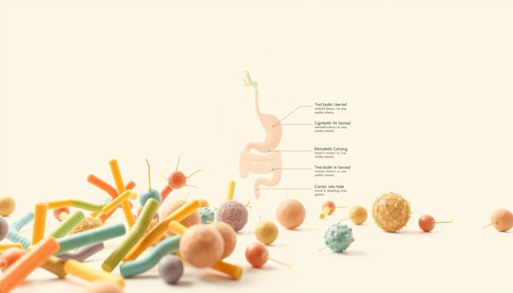 A detailed schematic illustration of probiotic bacterial strains, showcased against a clean, minimalist background. The foreground depicts various rod-shaped and spherical microorganisms, each with distinct coloring and textures to represent their unique characteristics. The middle ground features a simplified anatomical diagram highlighting the key probiotic strains and their beneficial effects on gut health. The background is a soft, neutral tone, allowing the probiotic elements to take center stage. Crisp lighting from an overhead source casts gentle shadows, emphasizing the three-dimensional forms. The overall composition conveys a sense of scientific clarity and educational focus, suitable for inclusion in a comprehensive article on the effects of probiotics.