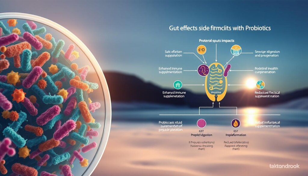 A detailed scientific illustration depicting the potential side effects and health benefits of probiotics. In the foreground, a magnified view of gut bacteria, represented by vibrant, colorful microorganisms. In the middle ground, a schematic diagram showcasing the various physiological impacts of probiotic supplementation, such as improved digestion, enhanced immune function, and reduced inflammation. In the background, a serene, minimalist landscape with soft lighting, evoking a sense of balance and well-being. The overall composition should convey the complex interplay between the gut microbiome and human health, using a clean, modern aesthetic suitable for a medical publication.