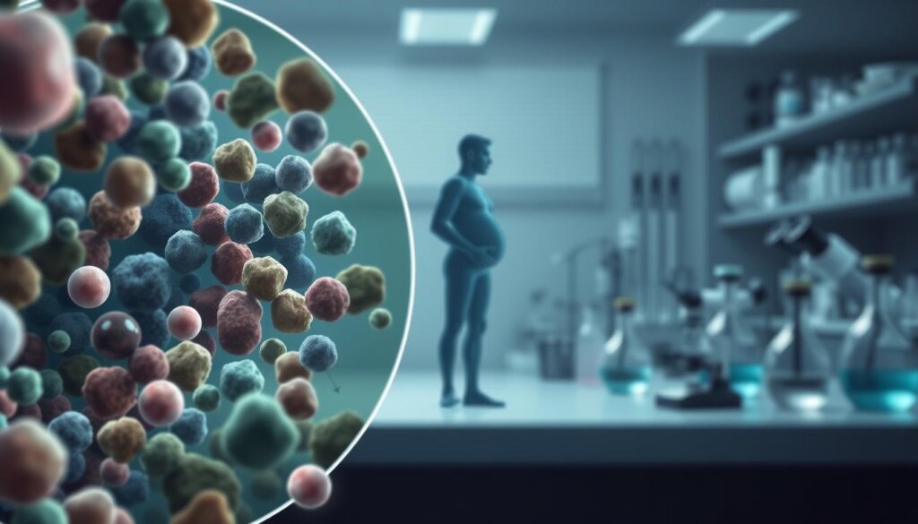 A detailed scientific illustration showcasing the impact of probiotic research on obesity management. In the foreground, a magnified view of gut bacteria colonies, their diverse shapes and colors symbolizing the complex microbiome. In the middle ground, a stylized human figure, their body composition shifting from overweight to a healthier silhouette, arrows tracing the metabolic pathways influenced by probiotic interventions. The background features a laboratory setting, beakers, microscopes, and scientific equipment, conveying the rigorous research underpinning these findings. Muted tones of blues, greens, and grays create a sober, clinical atmosphere, while subtle lighting and depth of field draw the viewer's focus to the central elements. The overall impression is one of scientific rigor and the transformative potential of probiotics in obesity management.