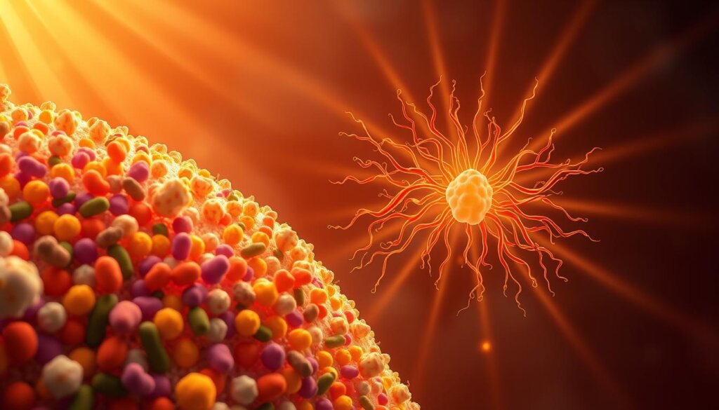 A detailed, scientific illustration showcasing the intricate relationship between gut microbiota and adrenal support. In the foreground, a microscopic view of diverse gut bacteria, their shapes and colors vibrant and dynamic. In the middle ground, the adrenal glands are depicted, their intricate network of blood vessels and hormone-producing cells. Subtle rays of warm, golden light illuminate the scene, creating a sense of balance and vitality. The background features a soft, textured gradient, evoking the holistic, interconnected nature of the human body. The overall composition conveys the harmonious collaboration between the gut microbiome and adrenal function, essential for maintaining optimal wellness.