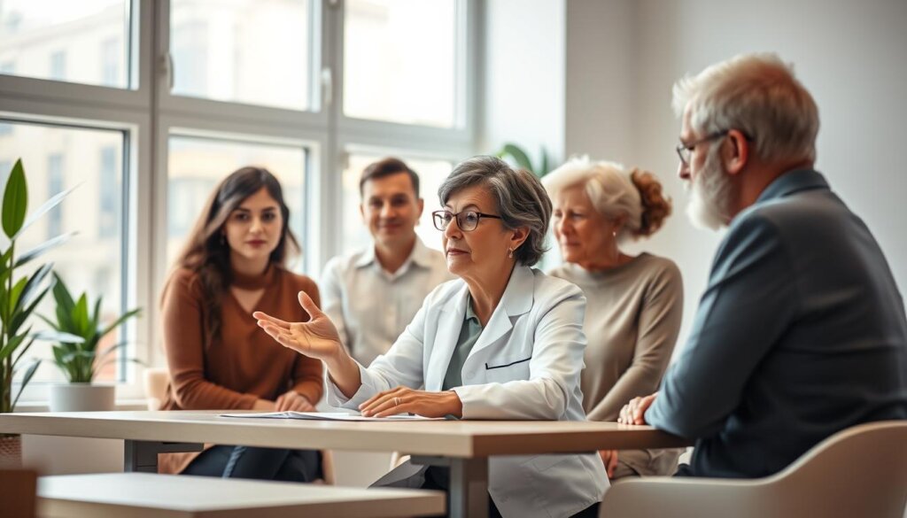 A group of wellness experts in a modern, well-lit consultation room. In the foreground, a middle-aged woman in a white lab coat sits at a table, gesturing as she speaks intently to a diverse group of clients. The clients, ranging from young to elderly, lean in attentively, their faces expressing a mix of curiosity and hope. Warm, indirect lighting from large windows casts a soft glow, creating an atmosphere of trust and professionalism. The background features sleek, minimalist decor with plants and natural elements, reflecting the holistic, nature-inspired approach of the Wellness Group.