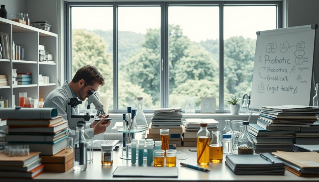 A lab workspace filled with scientific equipment and research materials. In the foreground, a researcher examines a petri dish under a microscope, surrounded by various test tubes, beakers, and stacks of scientific journals. The middle ground features a whiteboard with sketches and diagrams related to probiotic research and gut health. The background showcases a large window overlooking a lush, verdant landscape, creating a calm and contemplative atmosphere. The lighting is soft and diffused, lending a serene and professional ambiance to the scene. The overall composition conveys a sense of scientific inquiry and the pursuit of holistic wellness through the study of probiotics.