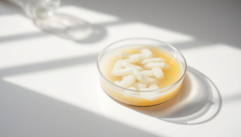 A laboratory petri dish filled with a cloudy liquid, representing the probiotic culture. The dish is placed on a clean, white table with a neutral background. Bright, natural lighting illuminates the scene, casting subtle shadows. The focus is slightly blurred, drawing attention to the dish. The atmosphere conveys a sense of scientific investigation and evaluation, hinting at the idea of "signs probiotics are not working" as described in the article section title.