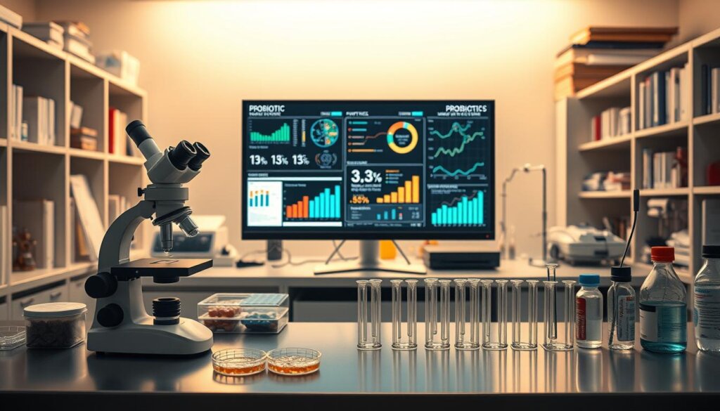 A laboratory setting with scientific equipment and data visualizations. In the foreground, a microscope, Petri dishes, and test tubes sit on a clean, stainless steel counter. In the middle ground, a large computer monitor displays graphs, charts, and statistical analysis of probiotic research data. Soft, indirect lighting casts a warm, professional glow over the scene. The background features bookshelves, scientific journals, and other research paraphernalia, conveying an atmosphere of academic rigor and evidence-based discovery. The overall mood is one of thoughtful, methodical investigation into the efficacy of probiotics.