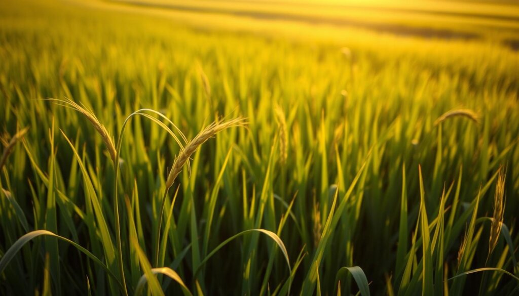 A lush, verdant field of flourishing barley grass sways gently in the soft, warm light of the golden hour. In the foreground, a few delicate blades bend and twist, showcasing their vibrant green hues. The middle ground reveals a scattered assortment of barley grass stems, their tips reaching towards the sky. In the background, the field extends into the distance, creating a serene and tranquil landscape. The lighting casts long shadows, adding depth and dimension to the scene. The overall mood is one of natural wellness and cautious introspection, hinting at the potential side effects and precautions associated with this potent, yet delicate, superfood.