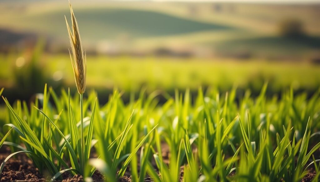 A lush, verdant field of vibrant barley grass sways gently in the warm sunlight. In the foreground, a single stalk stands tall, its blades casting delicate shadows on the rich, earthy soil. The middle ground features a close-up view of the grass, showcasing its fine, silky texture and the intricate patterns of its foliage. In the background, a hazy, out-of-focus landscape suggests a tranquil, natural setting. The lighting is soft and diffused, creating a serene, calming atmosphere. The entire scene is captured with a shallow depth of field, drawing the viewer's attention to the captivating details of the barley grass and its potential benefits for weight management.