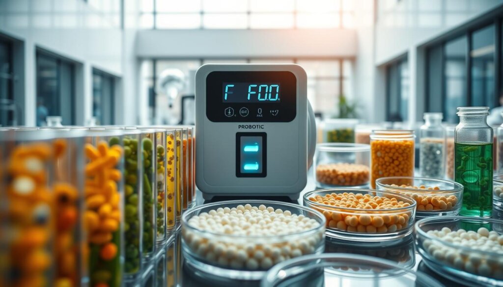 A magnified view of probiotic CFU (colony-forming units) in a sleek, modern laboratory setting. In the foreground, rows of test tubes and petri dishes filled with diverse cultures, their contents teeming with microscopic life. In the middle ground, a high-precision digital counter device meticulously measuring and analyzing the CFU levels. The background features clean, minimalist architecture with large windows, allowing natural light to illuminate the scene. The overall mood is one of scientific rigor, innovation, and a pursuit of optimal probiotic health.