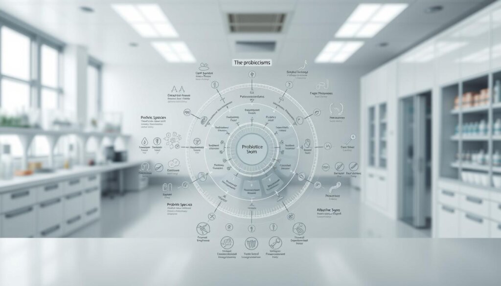 A meticulously detailed diagram showcasing the classification of probiotic microorganisms. In the foreground, a central circular diagram displays the genus, species, and strain taxonomy, rendered in crisp, scientific diagrams. The middle ground features informative icons and symbols representing the diverse functional attributes of each probiotic type. The background depicts a clean, minimalist laboratory setting, with subtle lighting and a muted color palette to emphasize the technical, educational nature of the image. The overall composition strikes a balance between scientific precision and visual clarity, effectively communicating the complexities of probiotic classification.