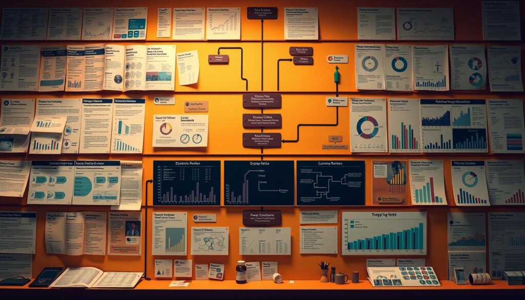 A meticulously organized scientific workflow, with cascading layers of interconnected research papers, statistical analyses, and comprehensive data visualizations. A central focal point showcases a systematic review process, where diverse studies are methodically synthesized to uncover meaningful insights. The scene is bathed in warm, diffused lighting, creating a sense of academic rigor and intellectual discovery. Crisp, high-resolution details emphasize the precision and attention to detail inherent in the systematic review approach. The overall atmosphere conveys the gravity and importance of this research, contributing to the "Review of Recent Scientific Studies" section of the article on "Probiotics for Mental Clarity: Enhance Cognitive Function."