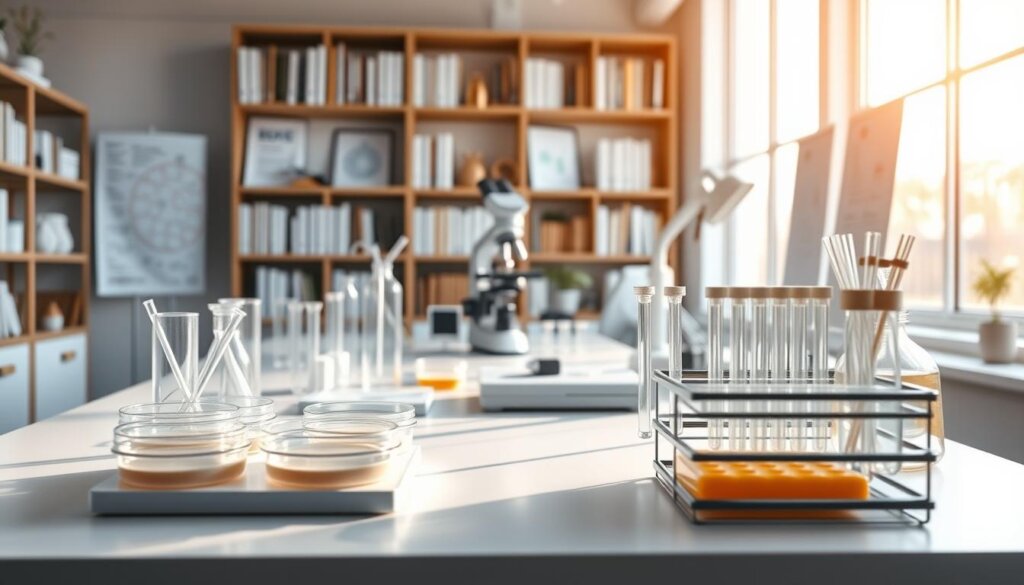A minimalist laboratory setting with a central focus on scientific research materials. In the foreground, petri dishes, test tubes, and pipettes arranged meticulously on a clean, white counter. Soft, natural lighting filters through large windows, casting a warm glow and creating defined shadows. In the middle ground, a microscope and a laptop displaying research data, hinting at the ongoing investigation. The background features bookshelves and scientific posters, suggesting an academic environment dedicated to the study of probiotics and their effects on metabolism. The overall atmosphere is one of quiet contemplation and rigorous inquiry.