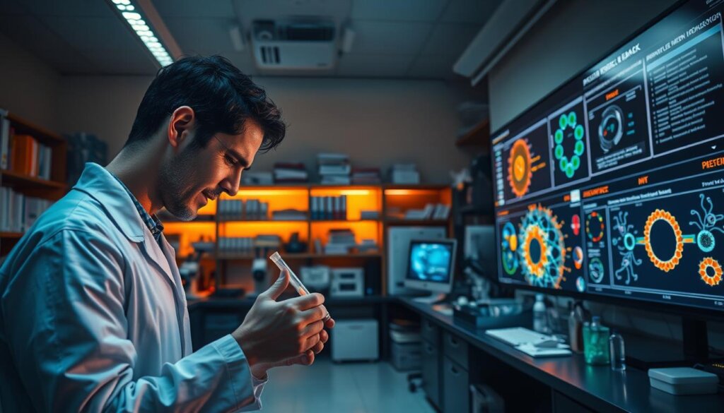 A modern scientific research laboratory, dimly lit with warm, focused lighting. In the foreground, a scientist in a white coat carefully pipettes a liquid sample into a test tube. In the middle ground, various scientific equipment and instruments, including microscopes, beakers, and computers, suggest an ongoing investigation. The background depicts a wall of scientific journals, shelves of research materials, and a large, high-resolution display showing complex data visualizations related to probiotic research. The atmosphere is one of concentration, discovery, and the pursuit of scientific knowledge.