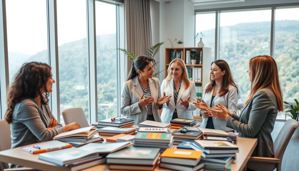 A modern, well-equipped office setting showcasing the expertise of the Wellness Group. In the foreground, a group of professionals in business attire engaged in a collaborative discussion, gesturing animatedly. The middle ground features an array of health-related materials and reference books, conveying the depth of their knowledge. The background displays floor-to-ceiling windows overlooking a serene, natural landscape, creating a calming and rejuvenating atmosphere. Soft, warm lighting illuminates the scene, highlighting the group's professionalism and dedication to wellness. The overall composition exudes an air of authority, expertise, and a commitment to helping others achieve their health and wellness goals.