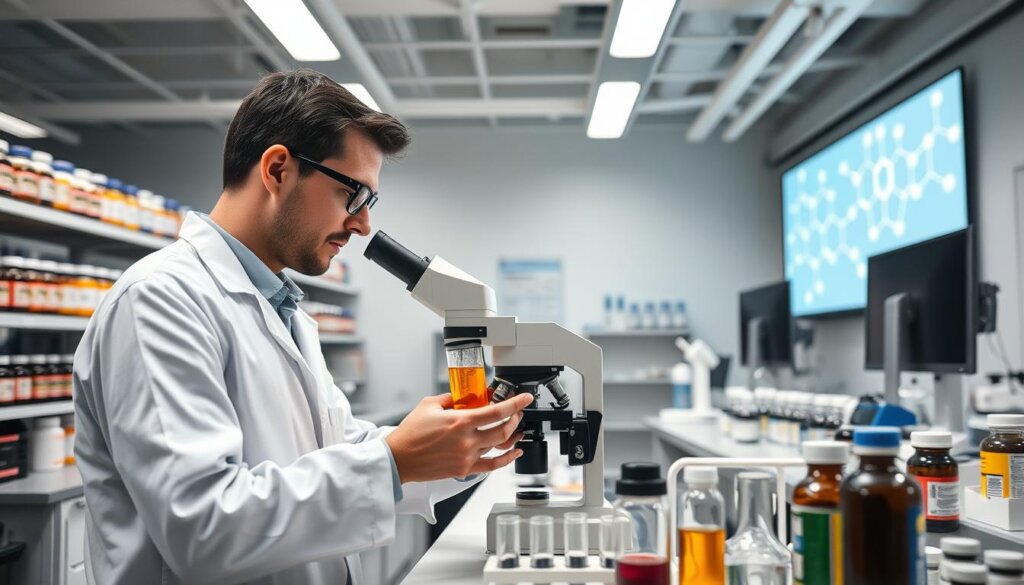 A modern, well-lit laboratory interior with rows of scientific equipment, test tubes, beakers, and computer monitors. In the foreground, a researcher in a white lab coat is carefully examining the interaction between two different colored supplements under a high-powered microscope. The middle ground features shelves of various vitamin, probiotic, and supplement bottles, while the background showcases a large, complex molecule diagram projected on a wall screen, representing the chemical analysis of the interaction. The scene conveys a sense of scientific inquiry, attention to detail, and the pursuit of understanding the complex relationships between different wellness supplements.