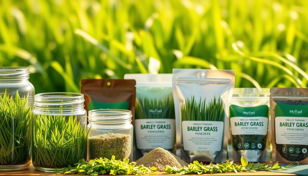 A neatly arranged array of premium barley grass supplements, their vibrant green hues illuminated by warm, natural lighting. The foreground features several glass jars, their contents visible through the transparent walls, showcasing the lush, healthy-looking barley grass within. The middle ground displays a selection of packaged barley grass powders, their labels prominently showcasing their purity and quality. In the background, a soft, blurred image of a lush, verdant field of barley grass sways gently, creating a serene, pastoral atmosphere. The overall composition conveys a sense of health, vitality, and the careful curation of the finest barley grass products.
