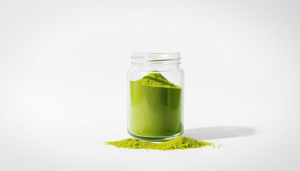 A neatly arranged composition showcasing a glass jar filled with vibrant green barley grass powder against a clean, minimalist background. The jar is positioned slightly off-center, allowing for ample negative space to create a sense of balance and emphasis. Soft, diffused natural lighting illuminates the powder, highlighting its fine, powdery texture and vivid hue. The glass jar is transparent, allowing the viewer to clearly see the contents. The overall mood is one of simplicity, purity, and wellness, reflecting the health benefits of the barley grass powder. The image conveys a sense of quality, effectiveness, and the optimal dosage for maximum weight loss results.