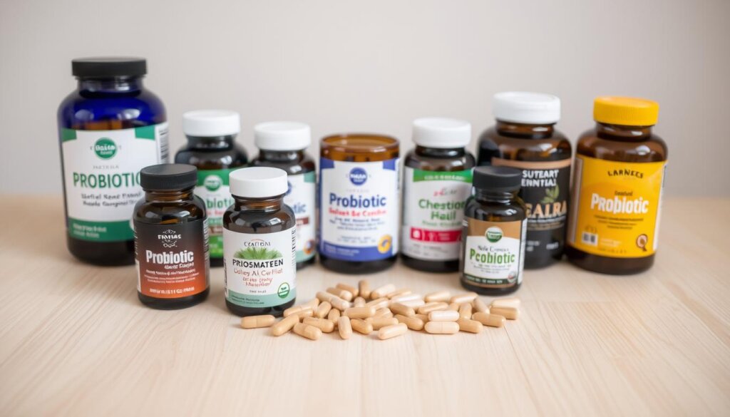A neatly arranged selection of probiotic supplements on a clean, minimalist wooden surface. The bottles and capsules in the foreground are crisp and well-lit, showcasing their labels and branding. In the middle ground, a variety of probiotic strains and formulations are displayed, creating a visually appealing and informative composition. The background is softly blurred, allowing the supplements to be the focal point. The overall scene has a calming, wellness-inspired atmosphere, conveying a sense of thoughtful curation and high-quality products suitable for stress relief.