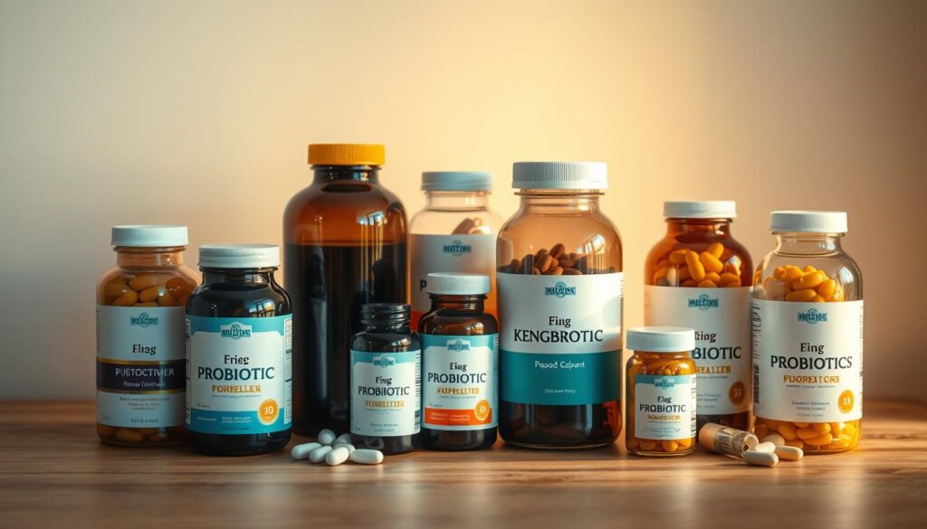 A neatly arranged still life scene showcasing an assortment of probiotic supplements in glass jars and bottles. The supplements are placed on a wooden table against a soft, neutral-toned background, creating a serene and inviting atmosphere. Warm, diffused lighting gently illuminates the scene, highlighting the natural colors and textures of the supplements. The composition is balanced and visually appealing, inviting the viewer to closely examine the details of the various probiotic products. The overall mood is one of quality, wellness, and the potential for improved sleep.