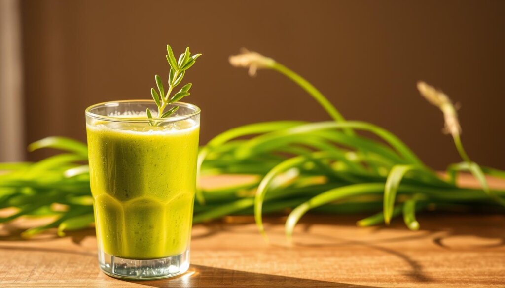 A refreshing and vibrant barley grass smoothie, captured in a soft, natural light. In the foreground, a glass filled with a lush, verdant green blend, garnished with a sprig of fresh barley grass. The middle ground features a wooden table surface, with a few stalks of barley grass in the background, their delicate blades swaying gently. The scene is bathed in a warm, golden glow, creating a calming and inviting atmosphere. The composition emphasizes the smoothie's nutrient-rich, wholesome qualities, perfectly suited to showcase the benefits of incorporating barley grass into one's diet.