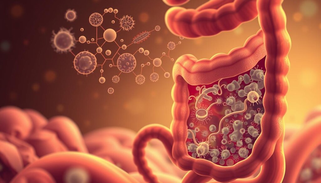 A serene, detailed illustration depicting the internal workings of a healthy gut, with a focus on the role of probiotics. The foreground shows a cross-section of the intestines, revealing a vibrant ecosystem of diverse bacterial colonies thriving in a balanced environment. The middle ground showcases individual probiotic strains, their unique shapes and structures highlighted. In the background, a stylized depiction of the gut's overall ecosystem, with intricate connections and pathways, conveying the complex and interconnected nature of gut health. Warm, earthy tones predominate, creating a sense of natural harmony. Soft lighting and a shallow depth of field draw the viewer's attention to the key elements, emphasizing the delicate balance and importance of probiotics for overall wellbeing.