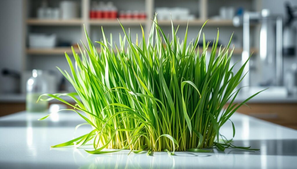 A serene scientific laboratory setting, with a central arrangement of fresh, vibrant barley grass atop a clean, reflective countertop. Soft, directional lighting from the side casts subtle shadows, highlighting the intricate texture and lush green hues of the barley blades. In the background, scientific equipment and glassware sit neatly organized, suggesting an environment of research and experimentation. The overall mood is one of thoughtful, evidence-based inquiry, conveying the rigorous scientific principles behind the potential weight loss benefits of barley grass.