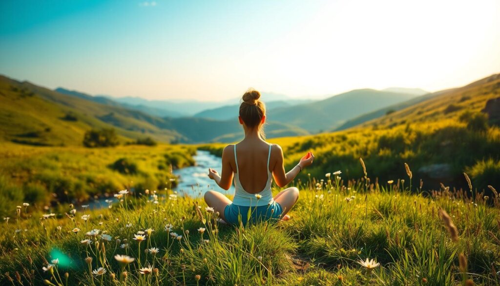 A serene, sun-dappled meadow surrounded by lush, verdant hills. In the foreground, a person sits cross-legged, eyes closed, palms upturned in a meditative pose, exuding a sense of inner calm and balance. Around them, delicate wildflowers sway gently in a light breeze, creating a tranquil, nurturing atmosphere. The mid-ground features a flowing stream, its crystal-clear waters reflecting the warm, golden light of the sun overhead. In the distance, a horizon of rolling hills fades into a hazy, azure sky, conveying a feeling of expansive, restorative space. The overall scene evokes a journey of emotional well-being, one of introspection, connection with nature, and the restoration of inner harmony.