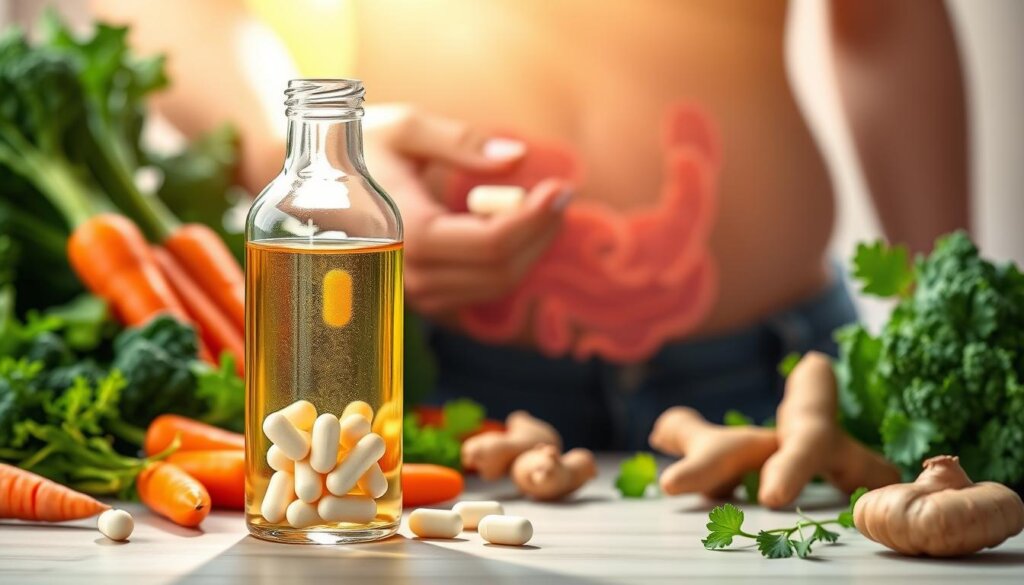 A serene, vibrant illustration depicting the management of inflammatory bowel conditions with probiotics. In the foreground, a transparent glass bottle filled with a probiotic supplement liquid, surrounded by a selection of fresh vegetables and herbs - carrots, broccoli, kale, and ginger. In the middle ground, a person's hand gently holds a probiotic capsule, symbolizing the act of incorporating these beneficial bacteria into one's daily routine. The background features a softly blurred image of a person's abdomen, representing the internal workings of the digestive system and the impact of probiotics on gut health. The lighting is natural and warm, conveying a sense of wellness and balance. The overall composition and color palette evoke a calming, restorative atmosphere.