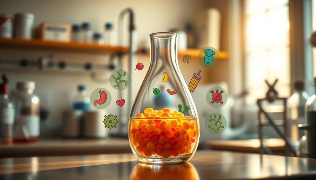 A serene, well-lit laboratory setting with various medical instruments and scientific equipment in the background. In the foreground, a glass beaker or Petri dish filled with a vibrant, probiotic-rich culture, surrounded by colorful illustrated icons representing the different health benefits of probiotics, such as improved digestion, immune system support, and gut microbiome balance. The lighting is warm and natural, casting a soft glow on the scene, conveying a sense of scientific exploration and discovery. The overall mood is one of educational clarity and visual interest, inviting the viewer to learn more about the fascinating world of probiotics and their impact on human health.