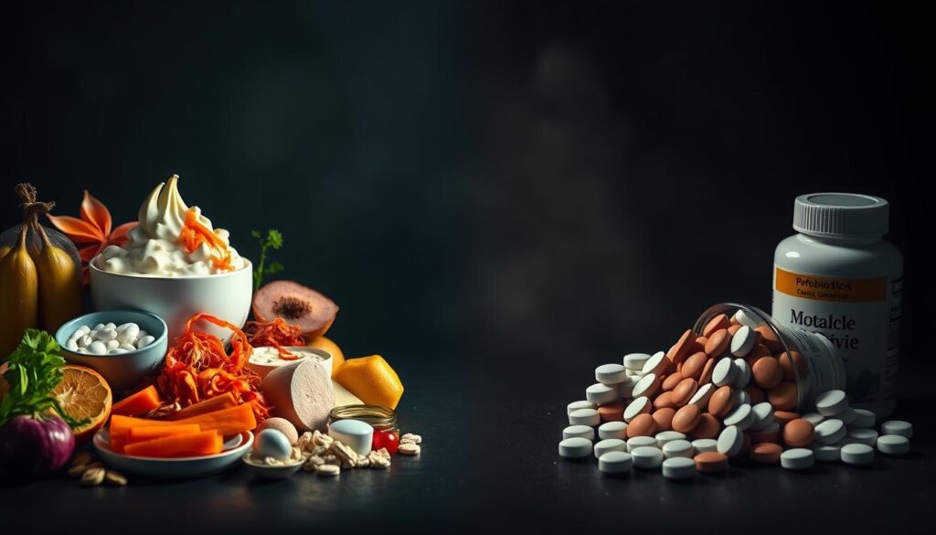 A stark contrast between two worlds: on the left, a vibrant, colorful array of probiotic-rich foods - yogurt, kefir, kimchi, and more - radiating a sense of natural health and vitality. On the right, a dark, shadowy realm dominated by conventional laxative pills and tablets, conveying a clinical, synthetic feel. The foreground showcases these two starkly different approaches to digestive wellness, while the background fades into a hazy, atmospheric void, allowing the central focus to shine. Soft, diffused lighting illuminates the scene, creating a pensive, contemplative mood. The overall composition emphasizes the idea of "Probiotics vs. Conventional Treatments for Constipation", inviting the viewer to consider the merits of each approach.