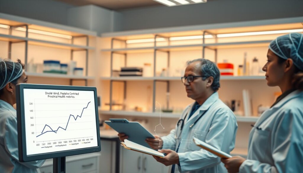 A sterile clinical setting with a team of medical researchers in white coats carefully examining documents and data on clipboards. In the foreground, a digital display shows a graph illustrating the results of a double-blind, placebo-controlled probiotic study, its lines and curves reflecting the positive impacts on mental health metrics. The background features shelves of medical equipment, beakers, and lab instruments, all bathed in the warm glow of directional lighting to convey a sense of scientific rigor and discovery. The overall scene exudes an atmosphere of evidence-based, peer-reviewed research into the mental health benefits of probiotics.