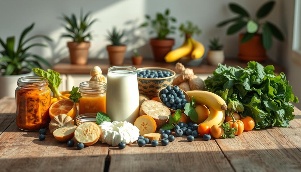 A still life arrangement showcasing an assortment of probiotic-rich foods on a rustic wooden table, bathed in soft, natural lighting. In the foreground, various fermented items like kimchi, kefir, and sauerkraut are prominently displayed. The middle ground features a variety of fresh fruits and vegetables, such as blueberries, bananas, and leafy greens, complementing the probiotic elements. The background subtly hints at a wellness-focused setting, with potted plants and a minimalist decor providing a calming, harmonious atmosphere. The overall composition emphasizes the vibrant colors, textures, and synergistic relationship between these gut-nourishing ingredients.