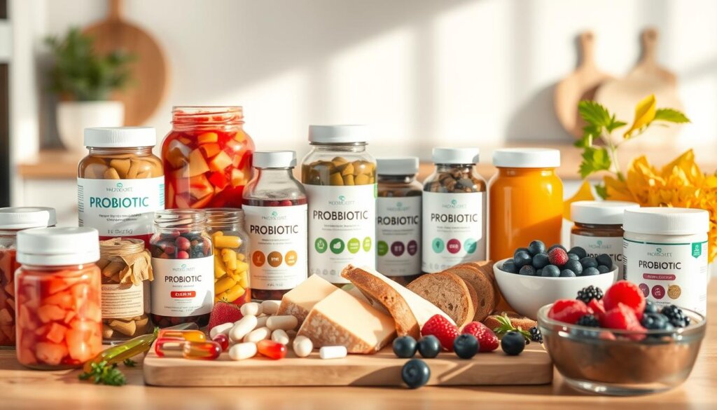 A still life arrangement showcasing an assortment of probiotic supplements and fermented foods. In the foreground, glass jars filled with colorful fermented vegetables such as sauerkraut, kimchi, and pickles. Beside them, various probiotic capsules, tablets, and powders in clean, minimal packaging. The middle ground features a cutting board with sliced sourdough bread, wedges of aged cheese, and a bowl of fresh berries. Soft, natural lighting illuminates the scene, casting warm, inviting shadows. The background is blurred, hinting at a clean, minimalist kitchen interior. The overall mood is one of health, wellness, and the nourishing power of gut-friendly foods.