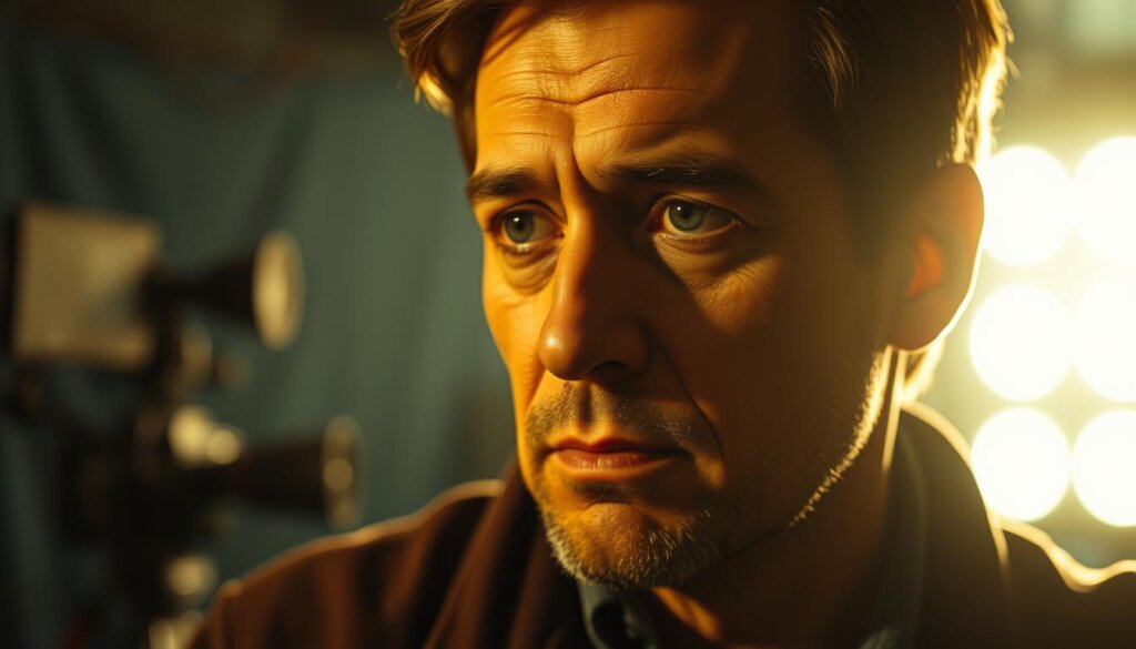 A thoughtful close-up portrait of a film director lost in contemplation, their face illuminated by a warm, cinematic lighting that casts dramatic shadows. The background is a blurred, out-of-focus film set, suggesting the creative process behind emotional storytelling. The director's expression is one of deep introspection, capturing the essence of emotional intelligence as they navigate the nuances of human experience through the medium of film.