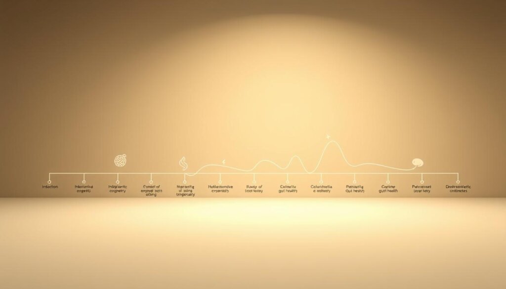 A timeline unfurling across a serene, minimalist backdrop, depicting the journey of probiotics within the human body. In the foreground, a series of stylized icons representing different stages of probiotic action - ingestion, colonization, and gut health benefits - arranged in a clean, visually engaging manner. The middle ground features a subtle, pulsing line graph charting the timeline of probiotic effects, with peaks and valleys denoting the speed and efficacy of the process. The background is a soft, muted gradient, creating a sense of tranquility and focus on the core narrative. Lighting is soft and diffused, with a warm, natural tone that enhances the organic feel of the illustration. The overall composition conveys a sense of clarity, balance, and the dynamic nature of probiotic wellness.