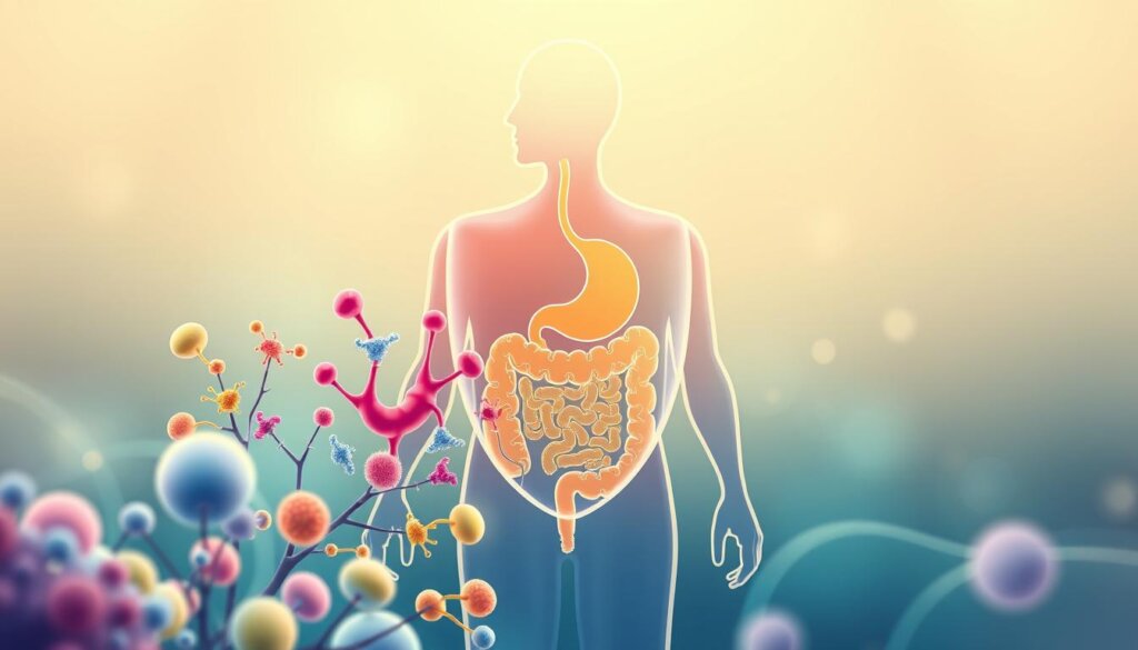 A vibrant and informative illustration of "probiotic immune support". In the foreground, a collection of healthy gut bacteria, represented by dynamic and colorful shapes, symbiotically interacting with the human immune system, depicted as a sleek, protective shield. In the middle ground, a simplified cross-section of the digestive tract, showcasing the beneficial effects of probiotics on gut health. The background features a soothing, nature-inspired palette, with soft, organic textures and patterns, conveying a sense of balance and well-being. The lighting is soft and diffused, creating a warm, inviting atmosphere. The overall composition is clean, visually striking, and effectively communicates the concept of probiotics supporting the immune system.