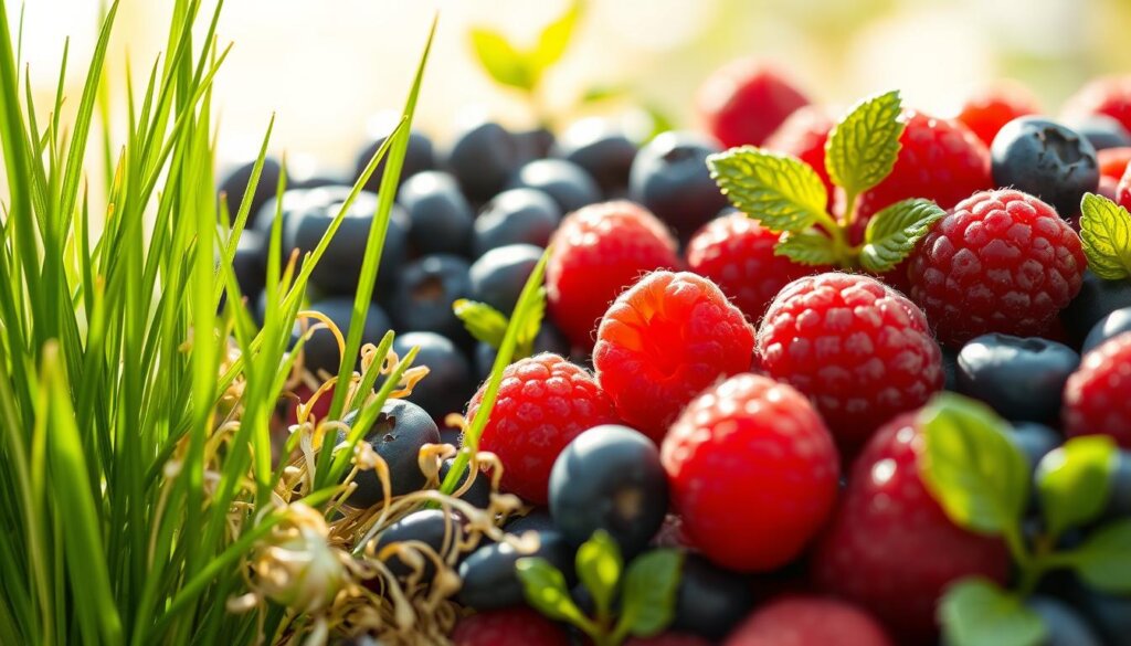 A vibrant, close-up composition showcasing a variety of antioxidant-rich superfoods against a bright, natural backdrop. In the foreground, an assortment of fresh, vibrant green barley grass leaves and sprouts, their delicate textures and hues evocative of cellular-level vitality. In the middle ground, clusters of ripe, juicy blueberries and raspberries, their vivid colors and juicy translucence radiating an abundance of protective phytonutrients. The background features a soft, diffused light, suggesting a sun-dappled meadow or garden setting, conveying a sense of rejuvenation and cellular-level nourishment. The overall image communicates the powerful antioxidant properties of these whole, plant-based ingredients and their ability to support cellular protection and health.