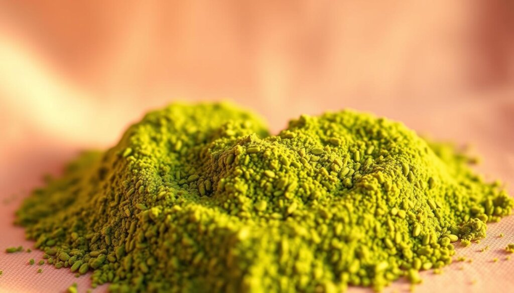 A vibrant, close-up heart-shaped arrangement of fresh, lush barley grass powder against a soft, blurred background. The powder is arranged in a symmetrical, visually striking pattern, capturing the natural beauty and wellness benefits of this superfood. The lighting is warm and slightly diffused, creating a soothing, calming atmosphere. The image is captured with a shallow depth of field, emphasizing the intricate details and texture of the barley grass powder. The overall composition conveys the idea of the heart-healthy properties of this nutrient-dense ingredient.