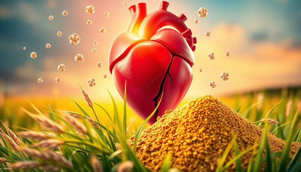 A vibrant, close-up illustration of a healthy, beating heart surrounded by stylized cholesterol deposits and molecules. The heart is bathed in a warm, golden light, symbolizing vitality and well-being. In the middle ground, colorful, nutrient-rich barley grass leaves and powder swirl, conveying their ability to naturally lower cholesterol and promote cardiovascular health. The background features a softly blurred, ethereal landscape, emphasizing the calming, restorative nature of this natural remedy. Rendered in a detailed, photorealistic style with a shallow depth of field to draw the viewer's focus to the central heart image.