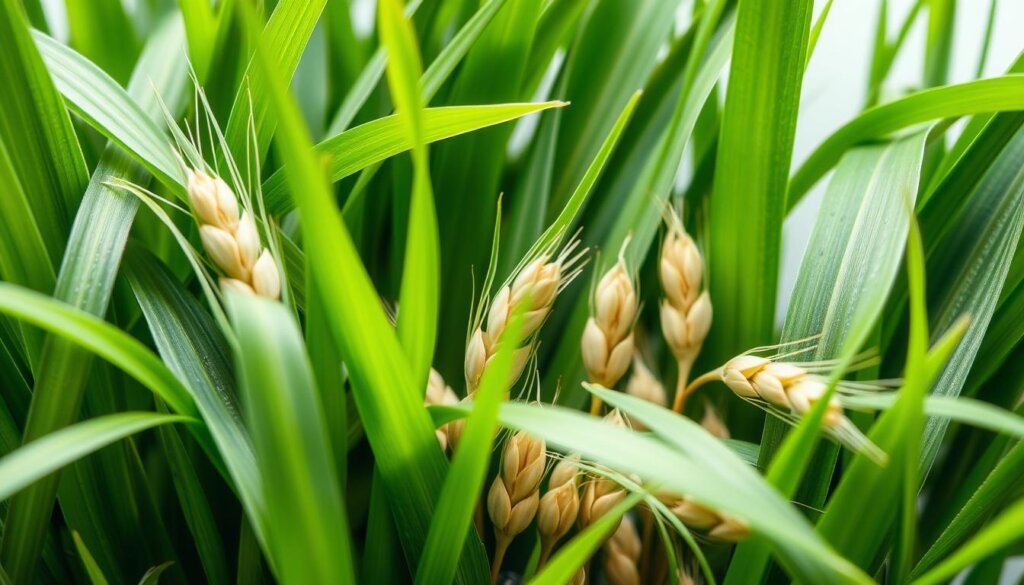 A vibrant close-up of lush, verdant barley grass leaves, their blades gently illuminated by soft, diffused natural lighting. In the middle ground, a selection of barley grain heads in various stages of growth, showcasing the plant's lifecycle. The background features a clean, minimalist layout, allowing the botanical details to take center stage and emphasize the health benefits of this superfood. The overall composition conveys a sense of freshness, vitality, and the inherent goodness of this nutrient-dense ingredient.
