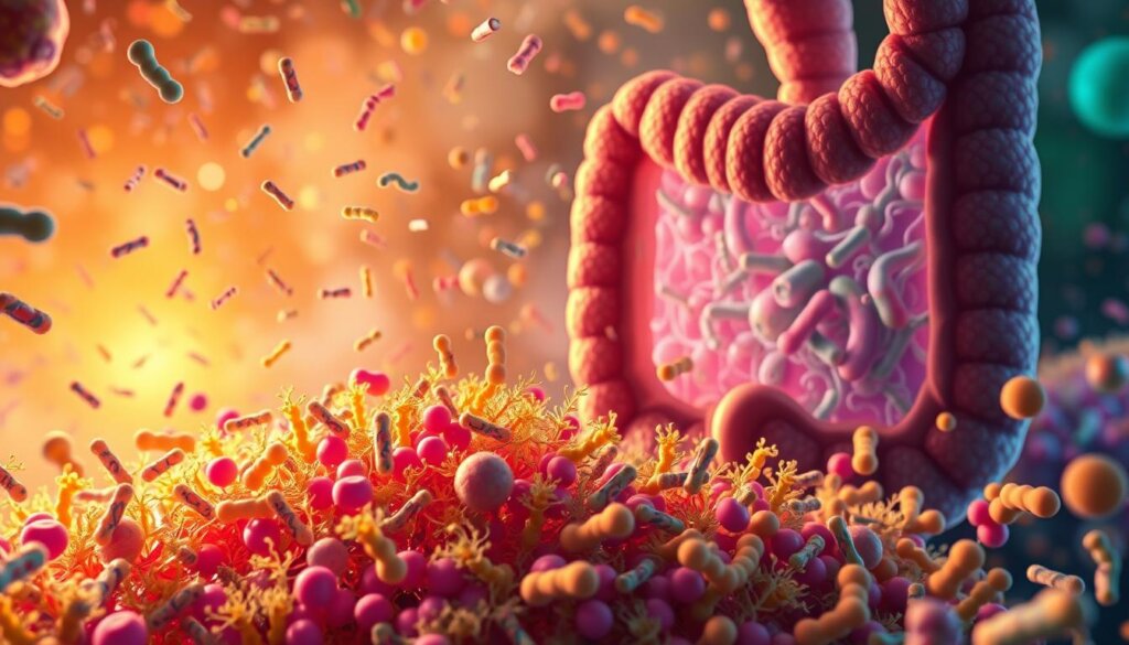 A vibrant, detailed illustration of a healthy human gut microbiome. In the foreground, a diverse array of beneficial bacteria, including Lactobacillus, Bifidobacterium, and Bacteroides, thrive in a warm, inviting environment. The middle ground showcases the complex network of intestinal villi, enhanced by soft, diffused lighting that accentuates their intricate structures. In the background, a cross-section of the gut reveals the delicate balance of the microbiome, with each bacterial species occupying its niche. The overall composition conveys a sense of harmony, with the microbiome functioning as a vital, interconnected ecosystem essential for human health and well-being.