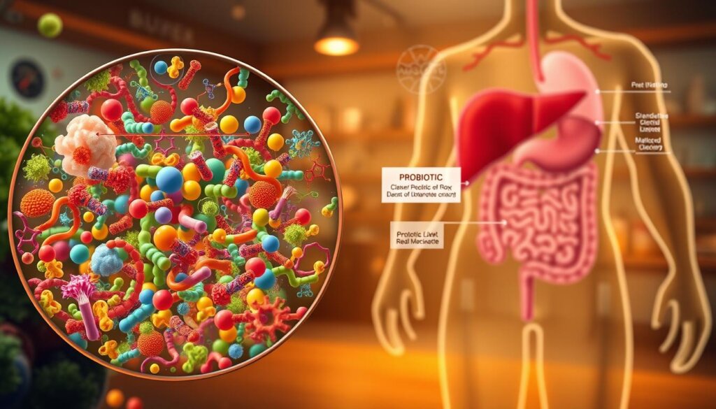 A vibrant, detailed illustration of the intricate mechanisms underlying the interaction between probiotics and detoxification processes. In the foreground, a magnified view showcases the diverse gut microbiome, with colorful probiotic strains thriving amidst a complex network of enzymes and metabolites. In the middle ground, a stylized representation of the intestinal tract and liver highlights the key organs involved in detoxification, with arrows and diagrams illustrating the synergistic pathways. The background features a softly-lit, scientific laboratory setting, creating an atmosphere of research and discovery. Warm, earthy tones and a sense of depth and balance convey the harmonious relationship between probiotics and the body's natural detoxification mechanisms.
