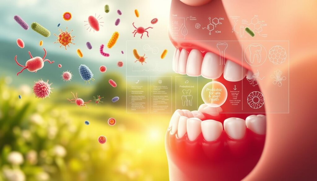 A vibrant, detailed illustration showcasing the benefits of probiotic therapy for oral health. In the foreground, a serene close-up of a human mouth, with healthy gums and teeth glowing with vitality. Floating around the mouth, colorful probiotic bacteria and microorganisms, each with distinct shapes and textures, symbolizing their restorative effects. In the middle ground, an overlay of scientific diagrams and charts, highlighting the mechanisms by which probiotics support tooth and gum health, reduce inflammation, and combat harmful bacteria. The background features a soothing, natural landscape, with lush greenery and a calming, diffused light, evoking a sense of balance and wellness. Crisp, high-resolution rendering with a soft, slightly impressionistic style.