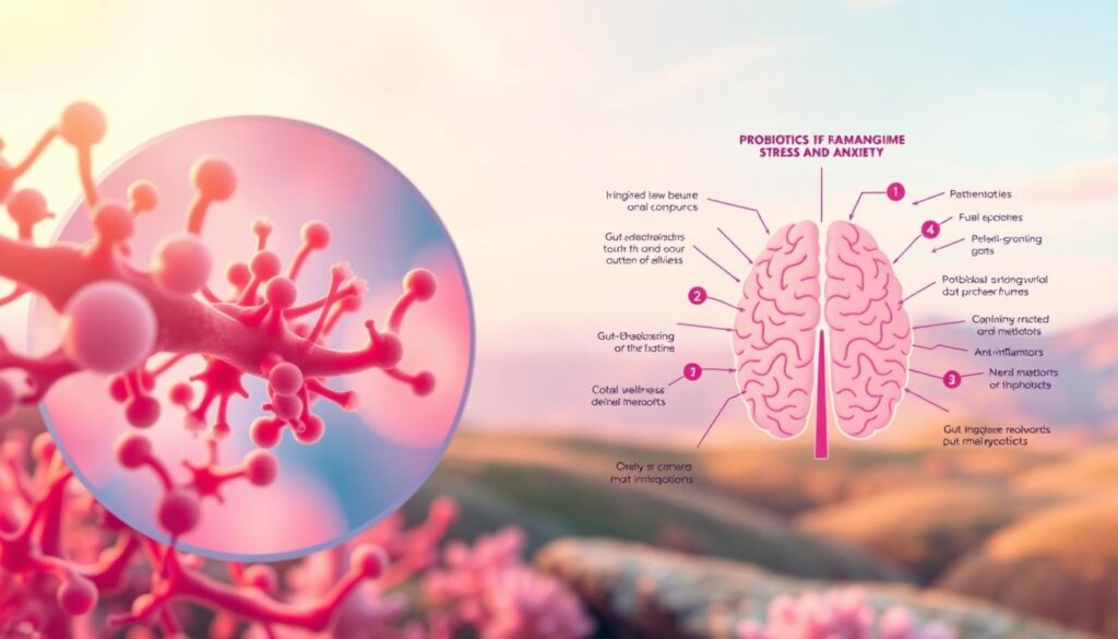 A vibrant, detailed illustration showcasing the mechanisms by which probiotics can aid in managing stress and anxiety. In the foreground, a magnified view of gut bacteria symbiotically interacting with human cells, their beneficial compounds visually represented. In the middle ground, an abstract diagram depicting the gut-brain axis, with neural pathways conveying the calming, anti-inflammatory effects of probiotic-derived metabolites. The background features a serene, pastel-hued landscape, suggesting the holistic, wellness-promoting properties of a balanced gut microbiome. Warm, natural lighting casts a soothing glow, and the composition is framed by a slightly wide-angle lens to create a sense of depth and immersion. The overall mood is one of harmony, tranquility, and the intricate, often unseen connections between our inner and outer worlds.